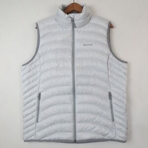 Marmot Puffer Vest Mens XL Gray 600 Down Fill Full Zip Allstate Sugar Bowl Logo